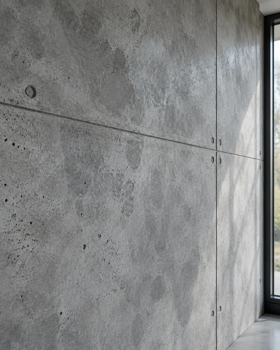 Wand in Sichtbeton-Optik mit feinen Poren und Schalungsfugen